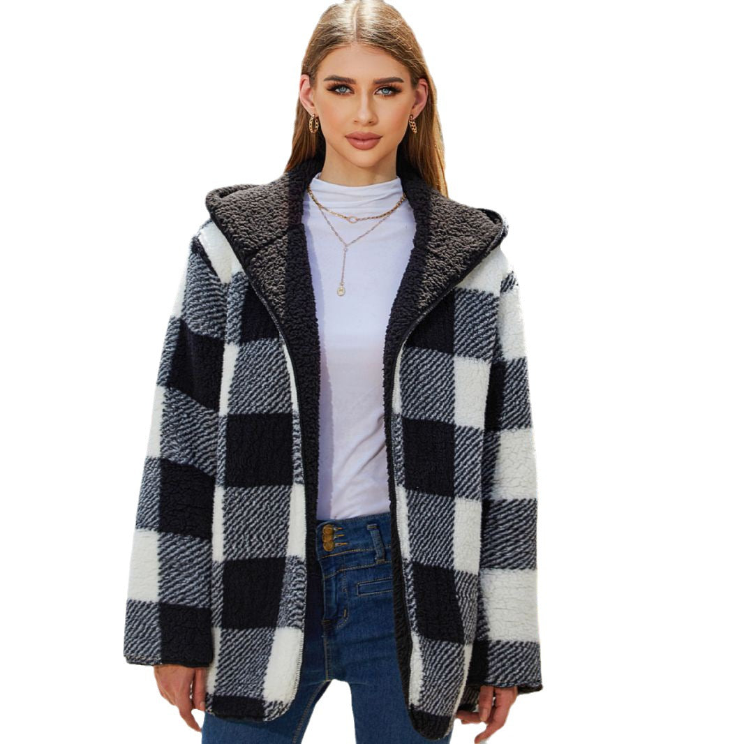 Women's Plush Check Jacket with Oversized Fit and Hood NOVAE