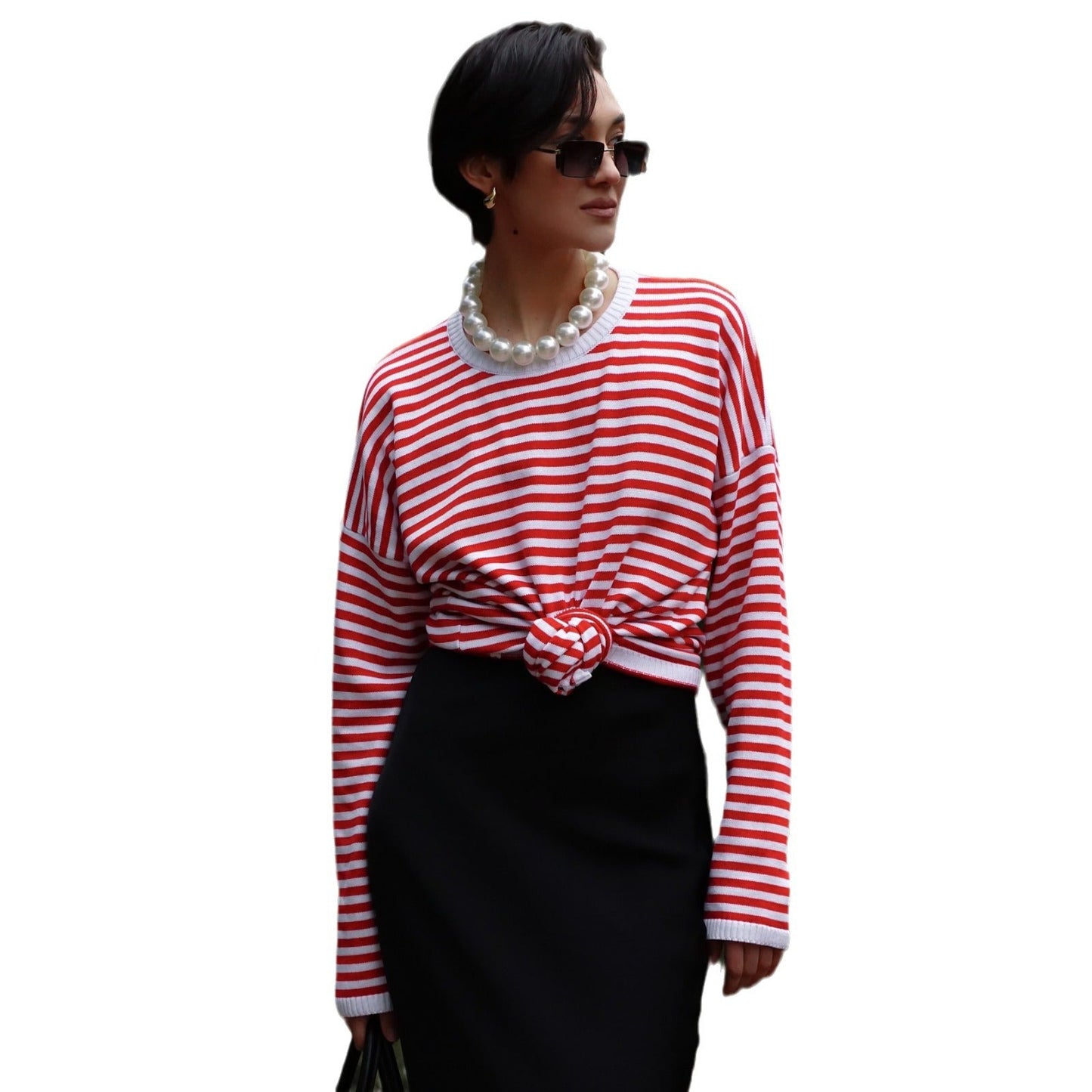 Women's casual striped long-sleeved shirt with knot detail NOVAE