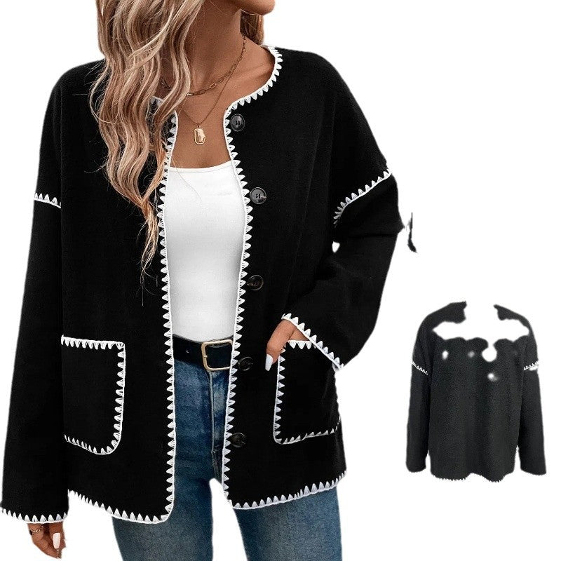 Women's fashionable cardigan with decorative contrast trim and large pockets NOVAE