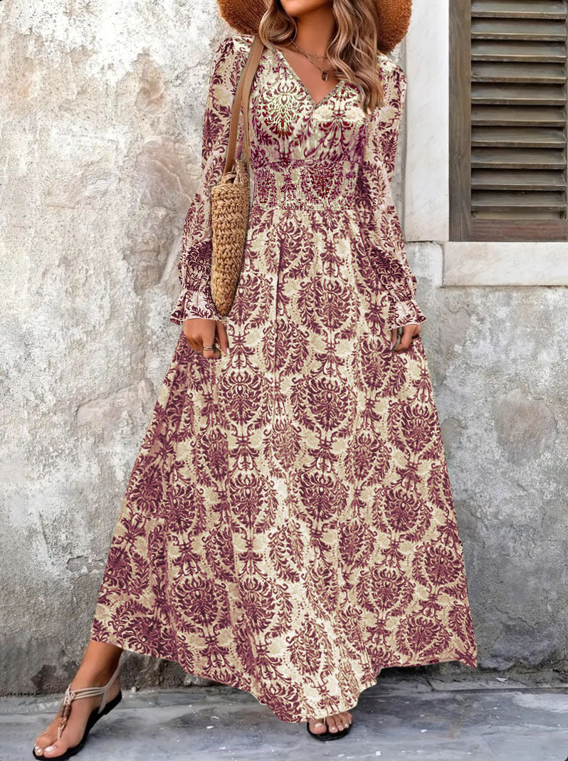 Women's long maxi dress with floral jacquard pattern and voluminous sleeves NOVAE