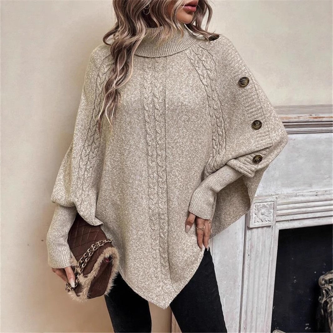 Women's Oversized Knit Sweater with Roll Neck and Button Details NOVAE