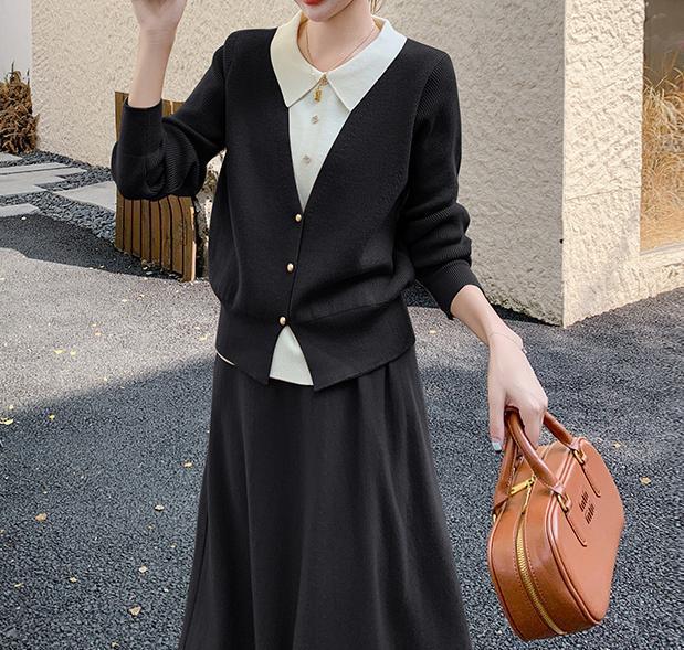 Women's knit ensemble with elegant blouse look and wide skirt NOVAE