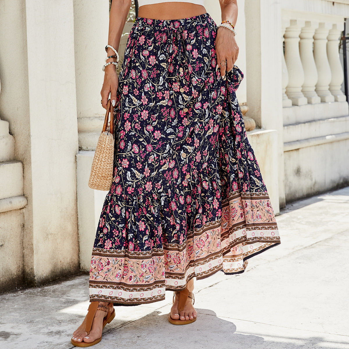 Women's maxi skirt with floral print and adjustable waistband NOVAE