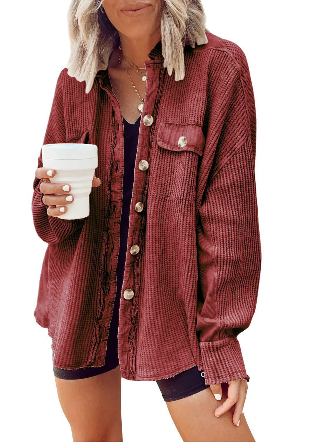 Women's Oversized Waffle Textured Shirt Jacket NOVAE
