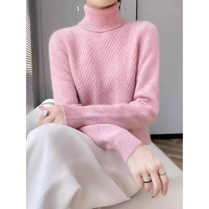 Women's elegant knit sweater with stand-up collar and fine rib texture NOVAE
