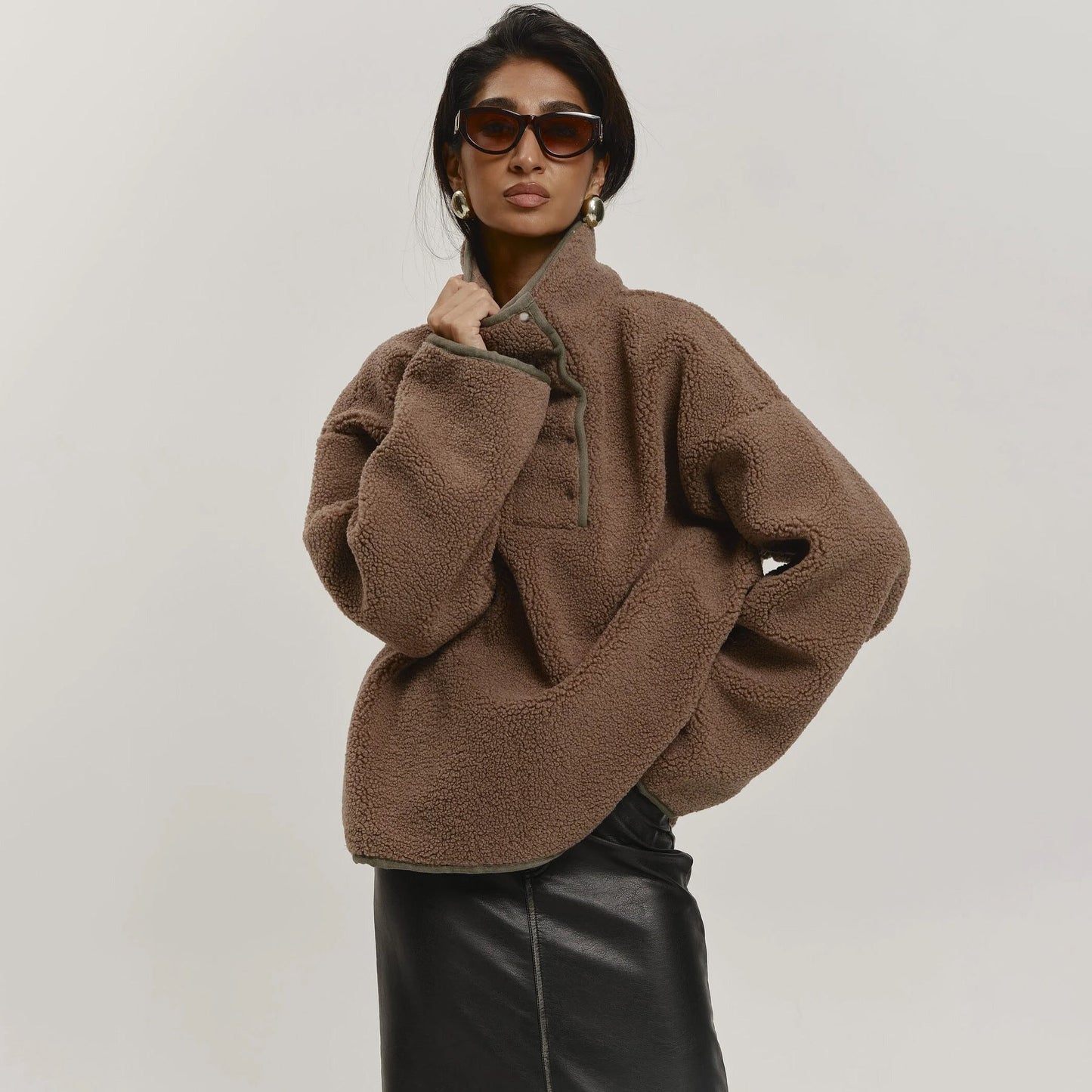 Women's Cozy Oversized Fleece Jacket with Stand-Up Collar and Snap Buttons NOVAE