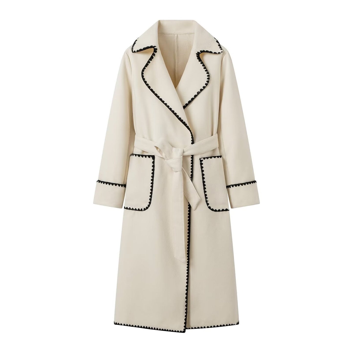 Women's elegant long coat with adjustable belt and contrasting seams NOVAE
