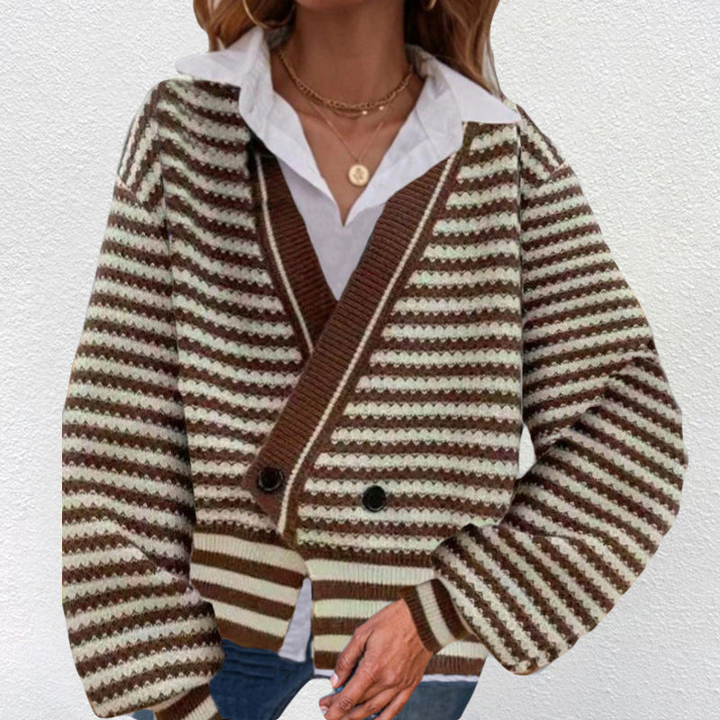 Women's chunky knit cardigan with V-neck and modern stripes NOVAE