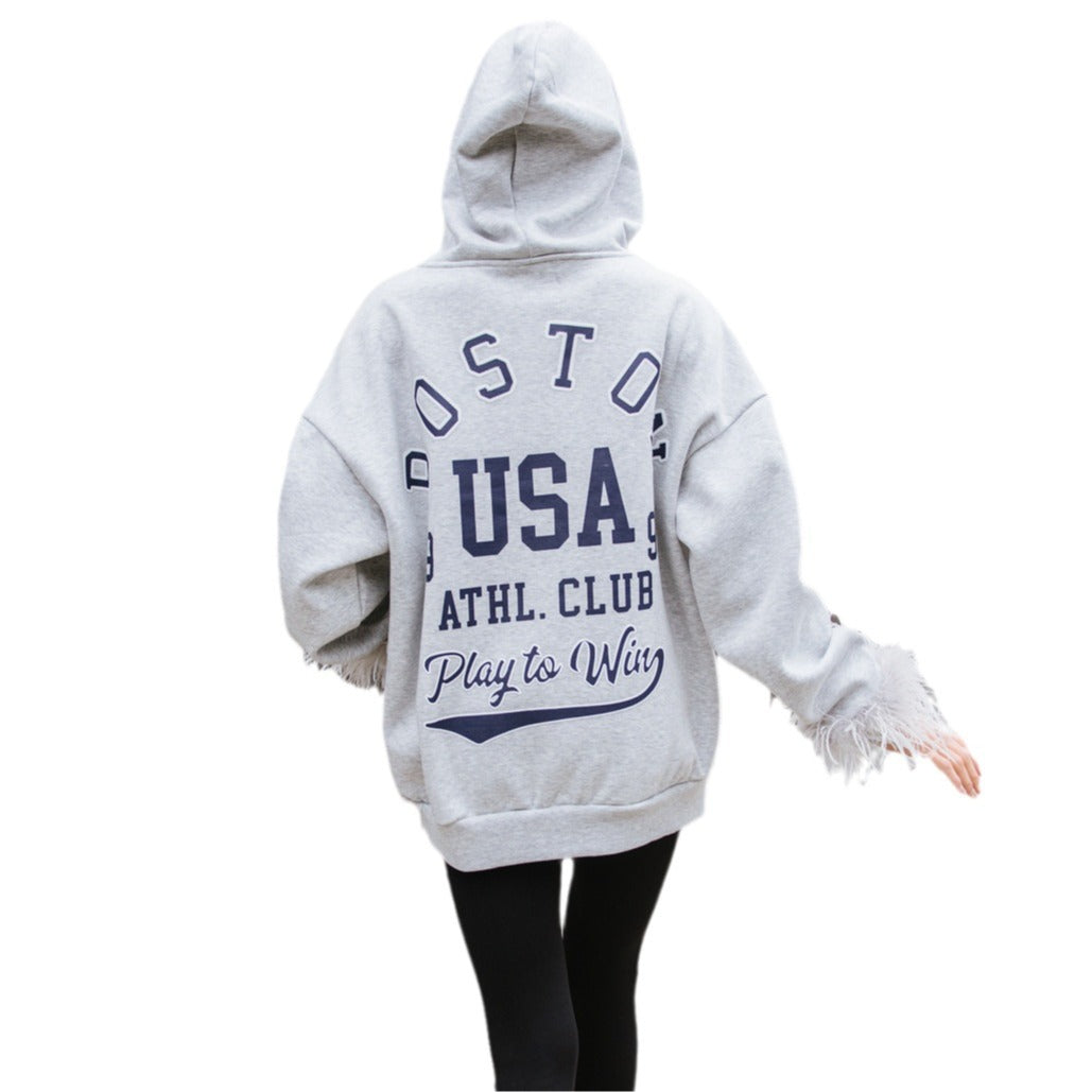 Women's oversized hoodie with creative lettering and modern fringe NOVAE