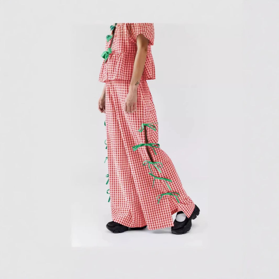 Women's wide-leg checked trousers with decorative lacing details NOVAE