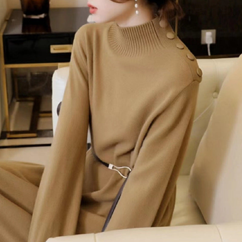 Women's Elegant Knit Maxi Dress with High Neck and Decorative Buttons NOVAE