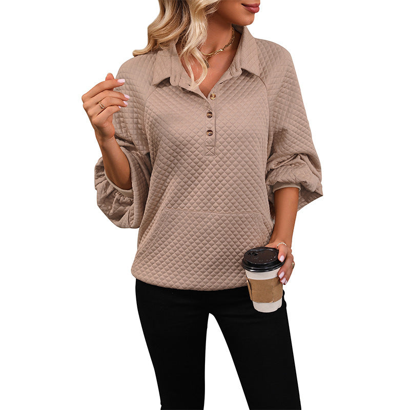Women's oversized pullover with textured waffle pattern and button placket NOVAE