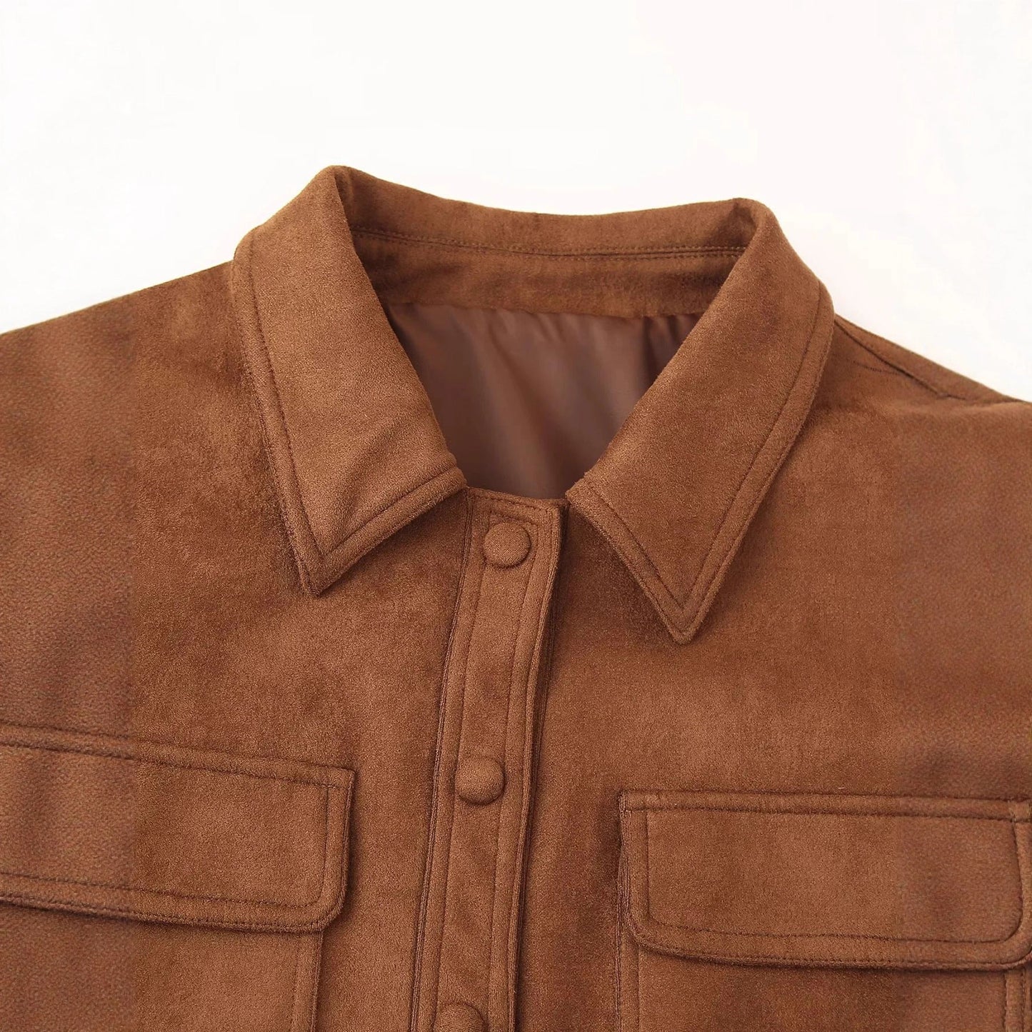 Women's fashionable short jacket made of imitation suede with practical pockets and an elegant collar NOVAE