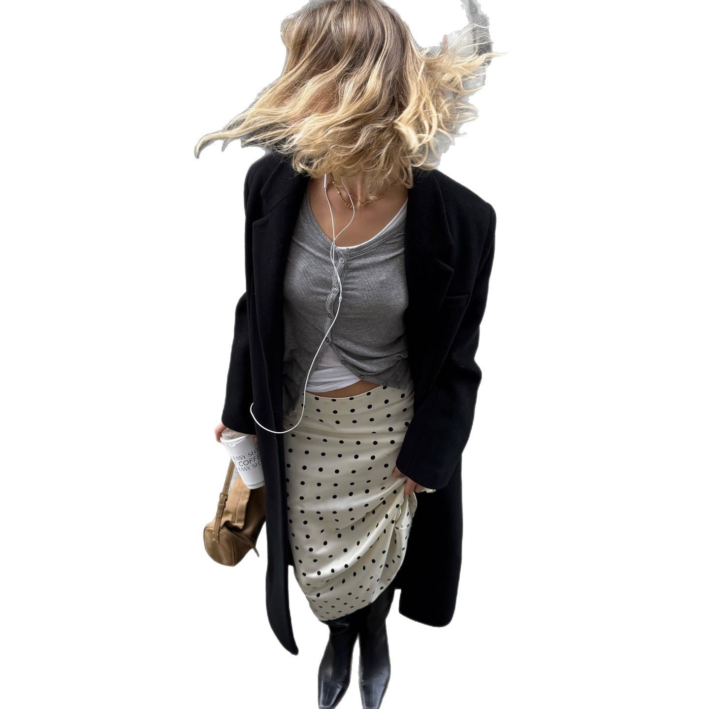 Women's fashionable midi skirt with elegant polka dot design and high slit NOVAE