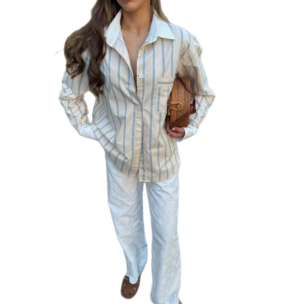 Women's elegant shirt blouse with fine stripes and classic button details NOVAE