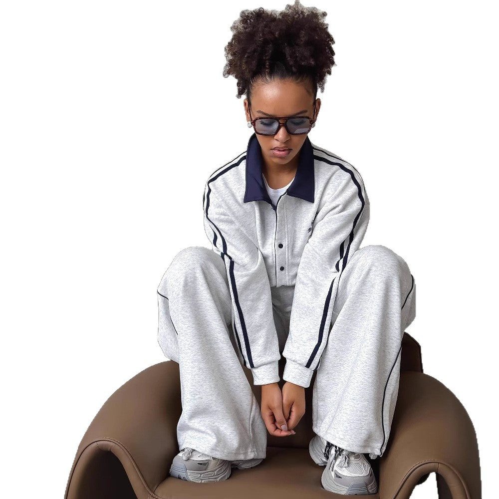 Women's sporty leisure suit with fashionable collar and wide legs NOVAE