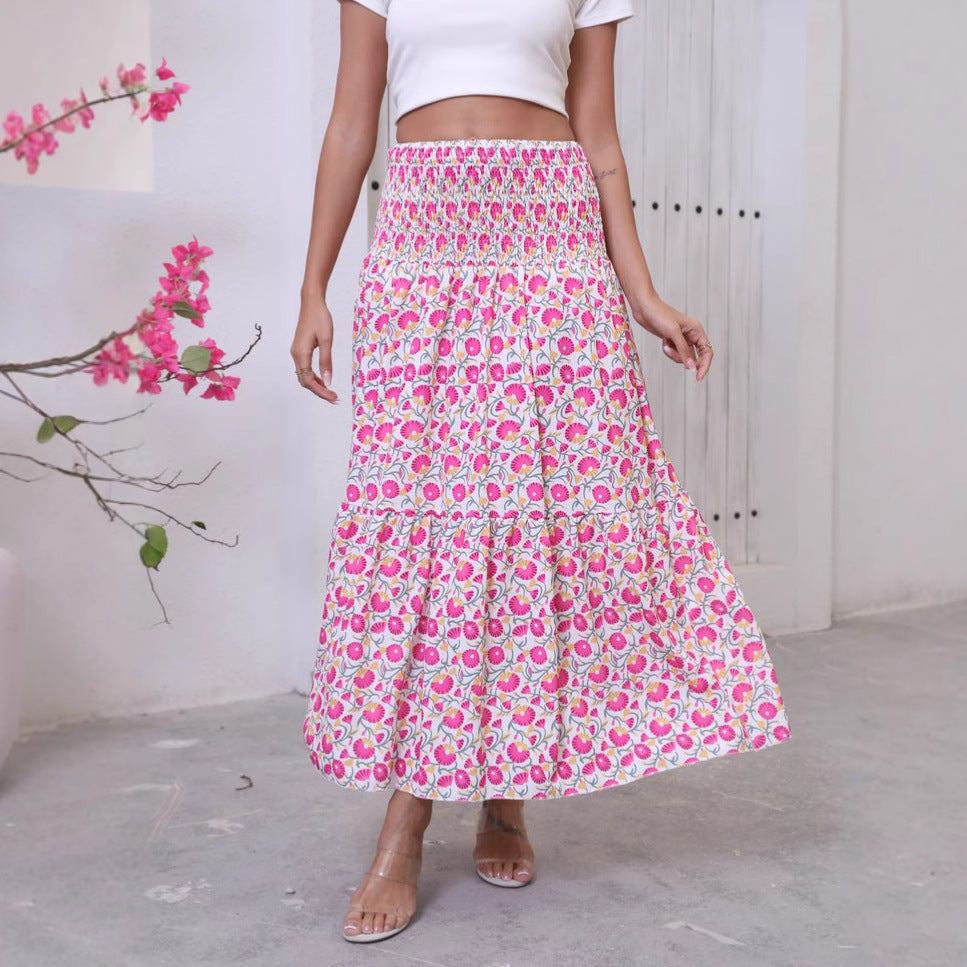 Women's maxi skirt with voluminous, cheerful patterns and elastic waistband NOVAE