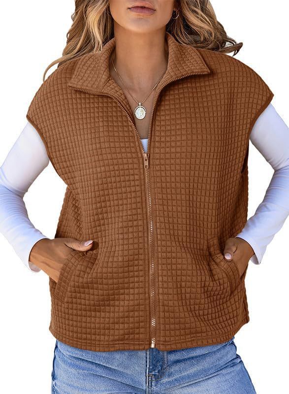 Women's Lightweight Waffle Knit Vest with Pockets and Stand-Up Collar NOVAE