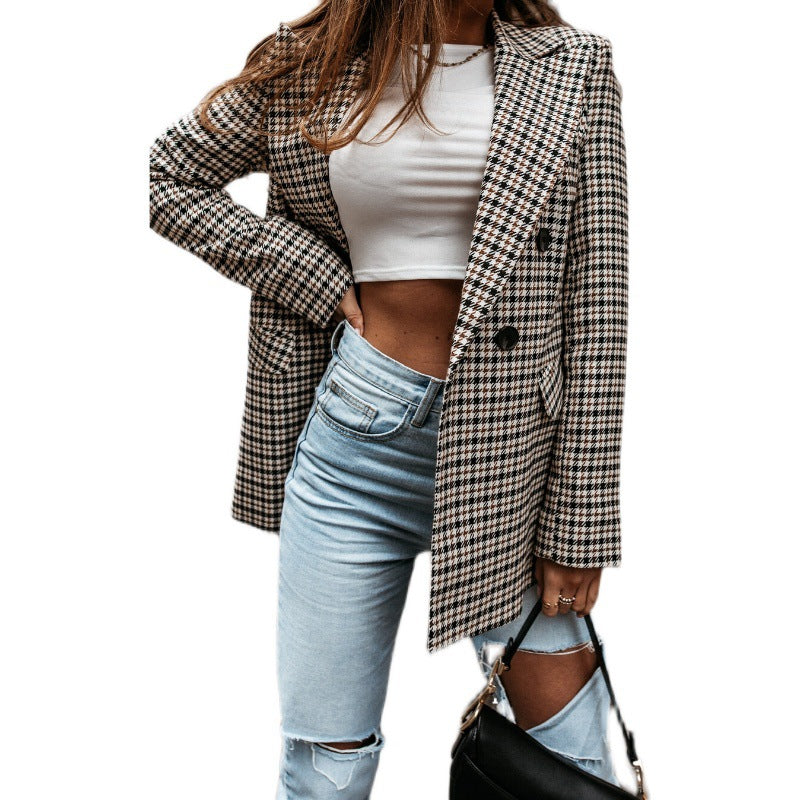 Women's Checked Oversized Blazer with Double-Button Design NOVAE