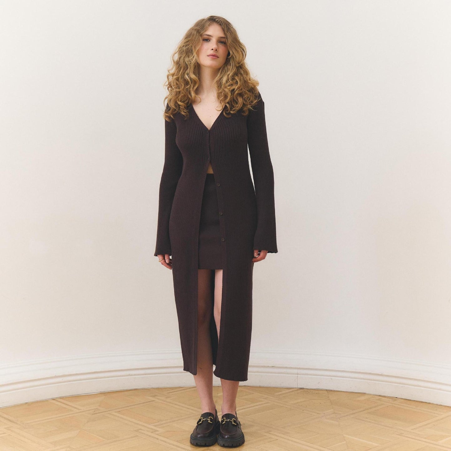 Women's cardigan with midi skirt and elegant V-neck NOVAE