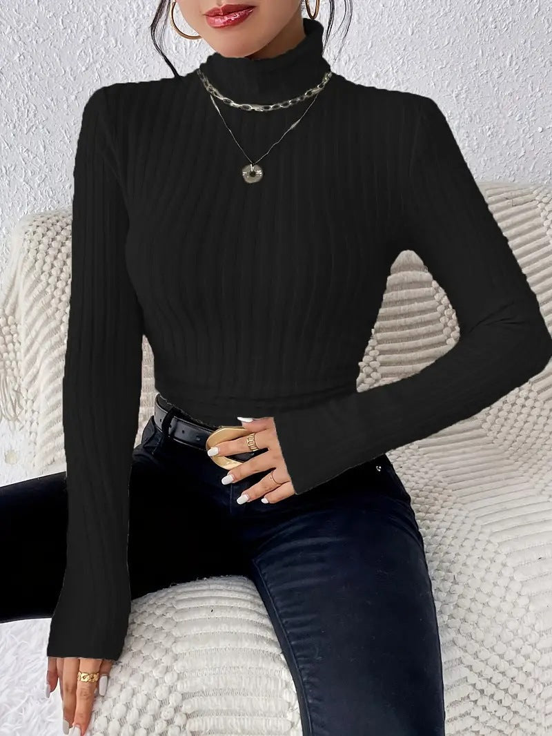 Women's Ribbed Knit Turtleneck Top with Long Sleeves NOVAE