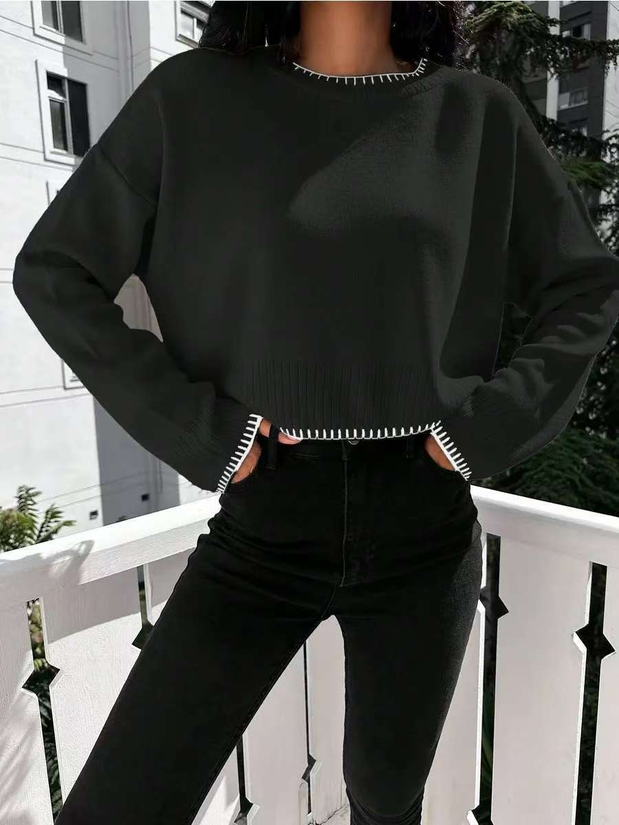 Women's casual cropped pullover with fine ribbing and elasticated waistband NOVAE