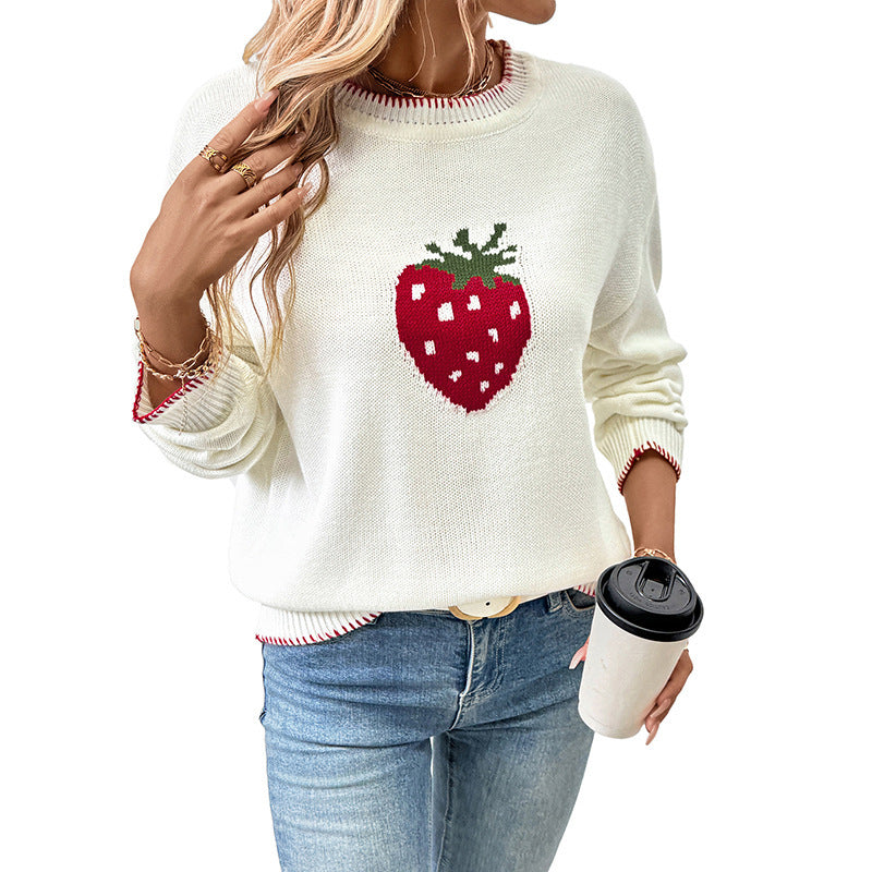 Women's knitted sweater with a fruity strawberry motif and a relaxed fit NOVAE