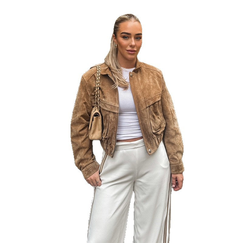 Women's suede jacket in a modern cropped style with pockets NOVAE