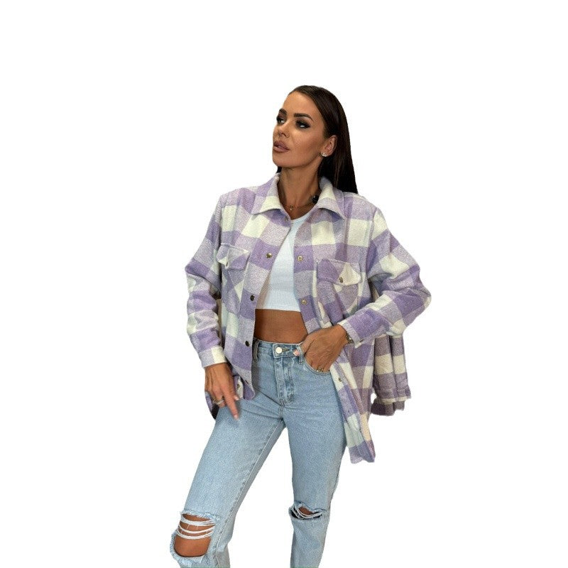 Women's flannel jacket in a fashionable check pattern with button placket and practical pockets NOVAE