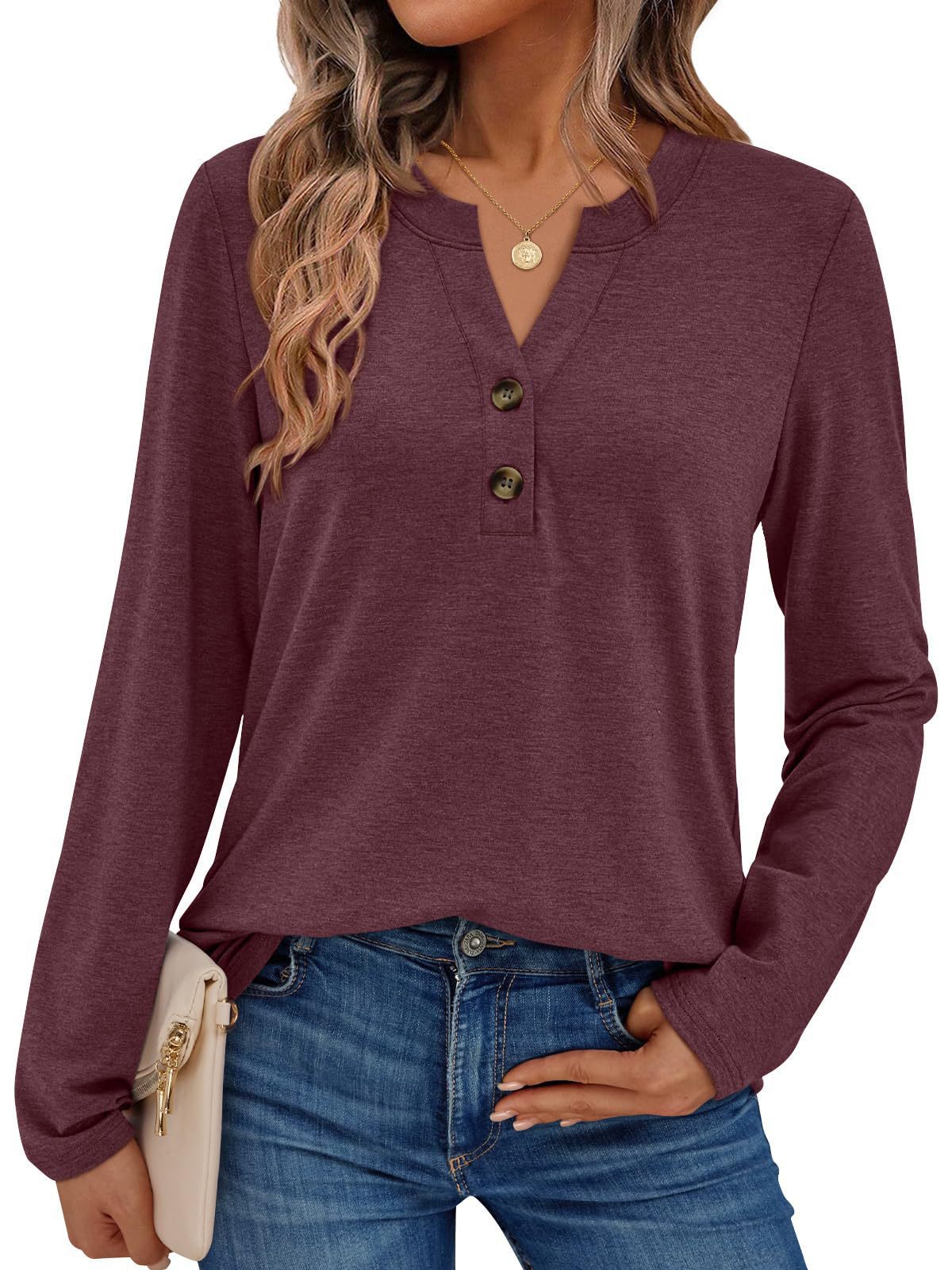 Women's casual long-sleeved shirt with button detail and round neckline NOVAE