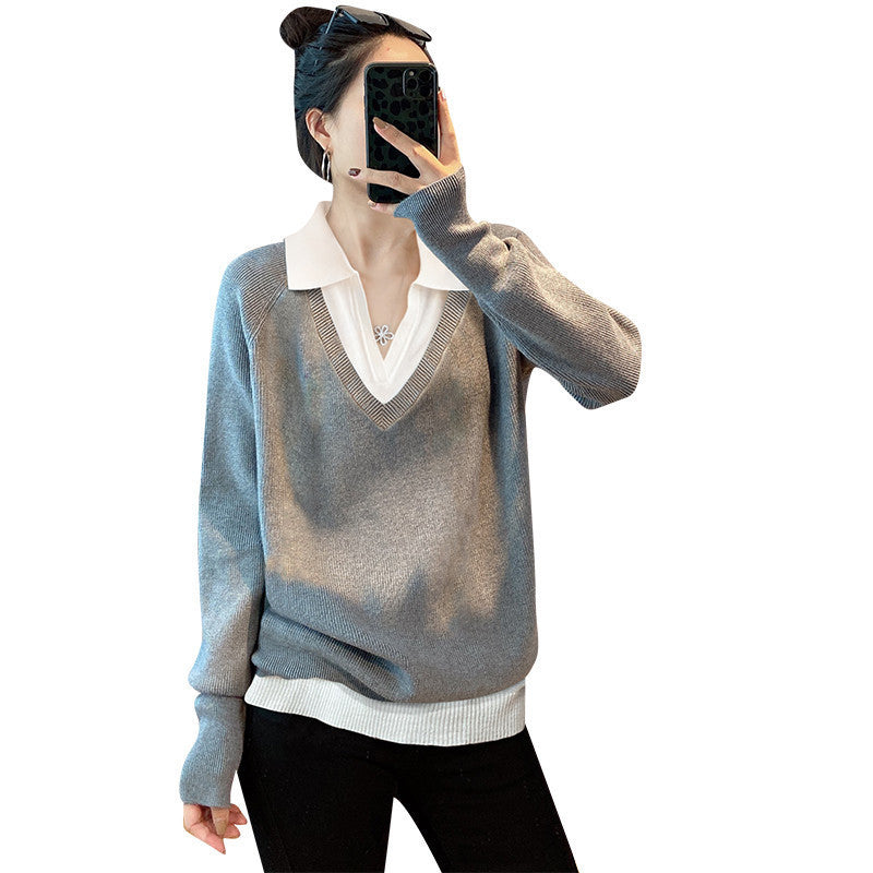 Women's V-neck layered sweater with collar NOVAE