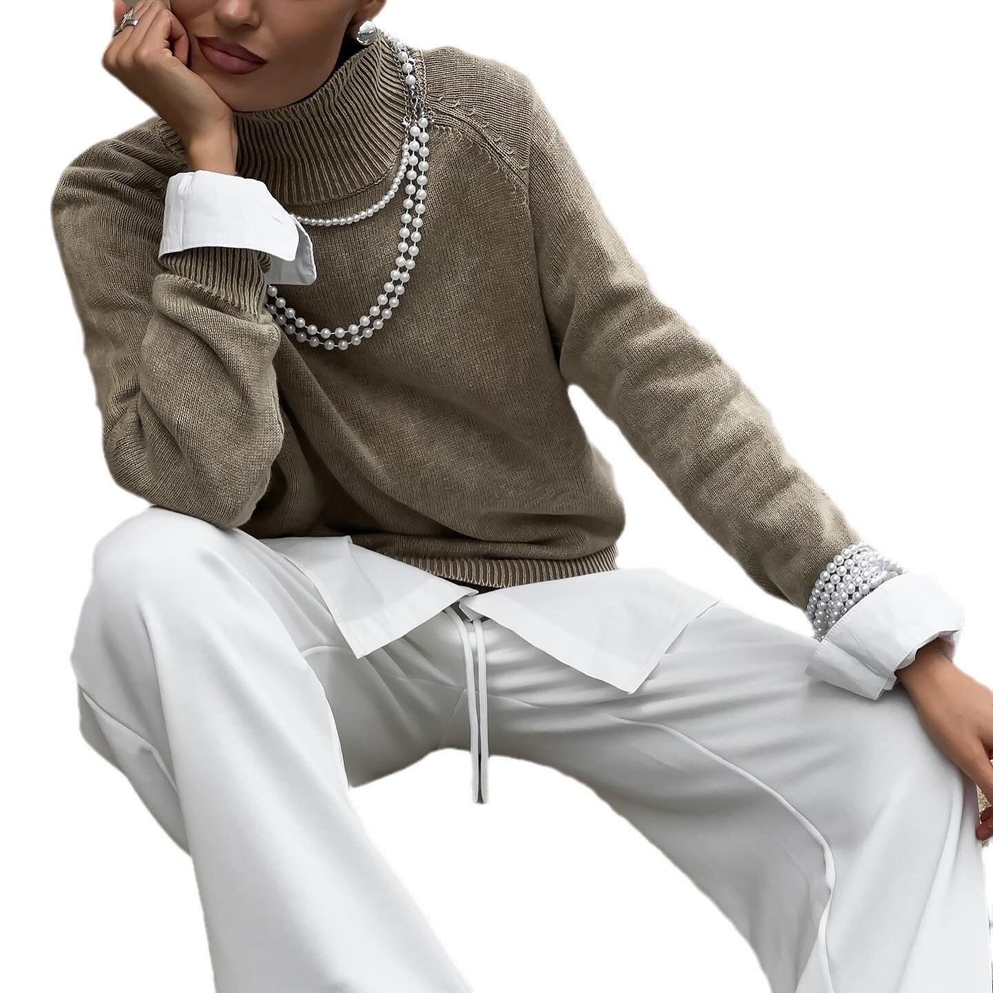 Women's cozy knit sweater with high collar and stylish cuffs NOVAE