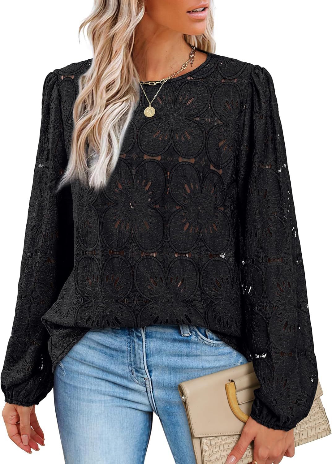 Women's stylish blouse shirt with floral openwork pattern and wide sleeves NOVAE