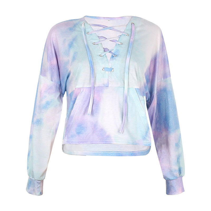 Women's cropped hoodie in a creative tie-dye design with lacing NOVAE