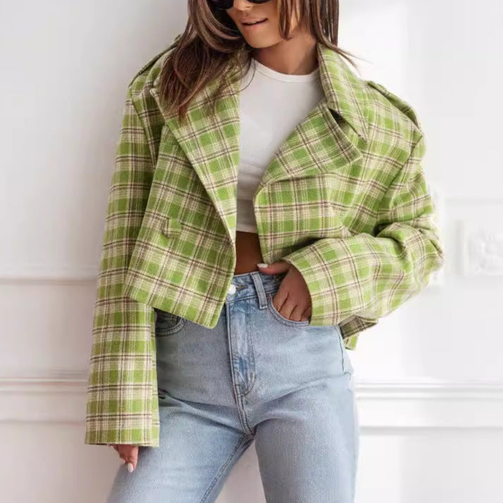 Women's short jacket with checkered pattern and soft fleece NOVAE