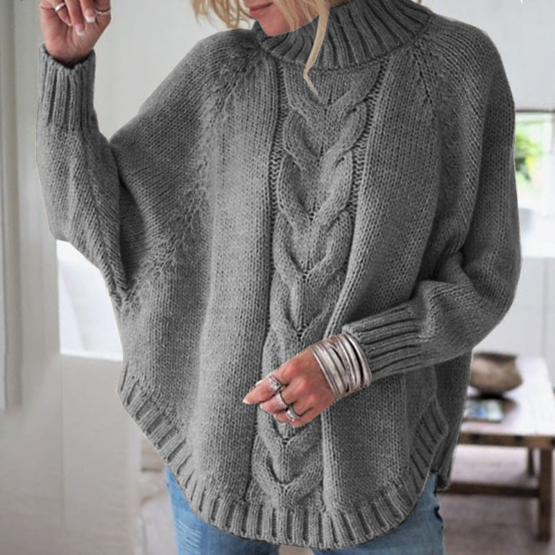 Women's chunky knit sweater with high collar and decorative cable pattern NOVAE