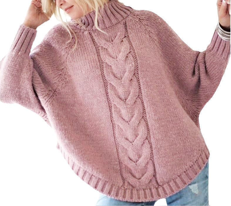 Women's chunky knit sweater with high collar and decorative cable pattern NOVAE