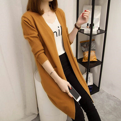 Women's long knit cardigan with open fronts and deep pockets NOVAE