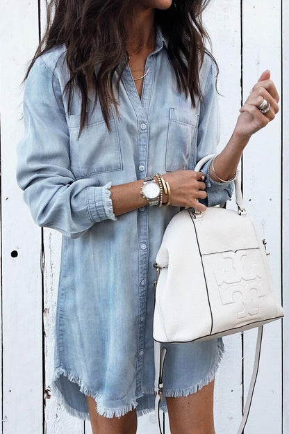 Women's casual denim shirt dress with trendy fringe detail NOVAE