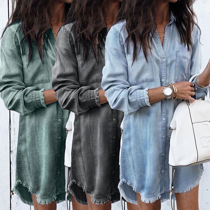 Women's casual denim shirt dress with trendy fringe detail NOVAE