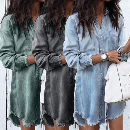 Women's casual denim shirt dress with trendy fringe detail NOVAE