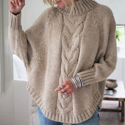 Women's chunky knit sweater with high collar and decorative cable pattern NOVAE