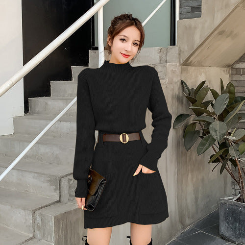 Women's knitted dress with high collar and practical pockets NOVAE