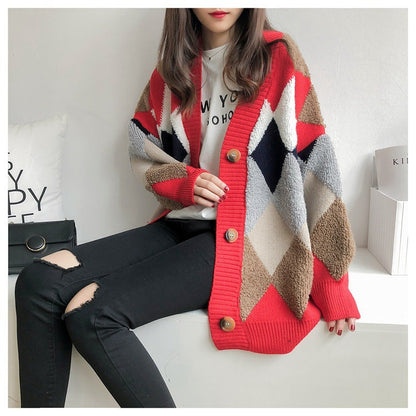 Women's chunky knit cardigan with geometric pattern and large pockets NOVAE