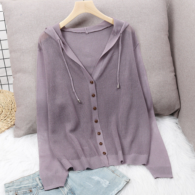 Women's cardigan with hood and elegant wooden buttons NOVAE