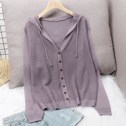 Women's cardigan with hood and elegant wooden buttons NOVAE