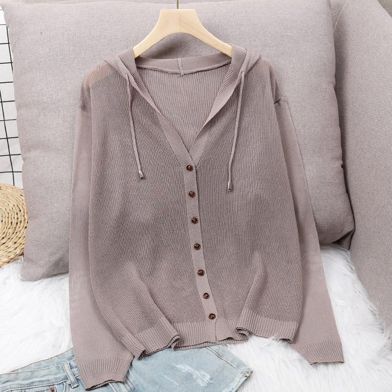 Women's cardigan with hood and elegant wooden buttons NOVAE