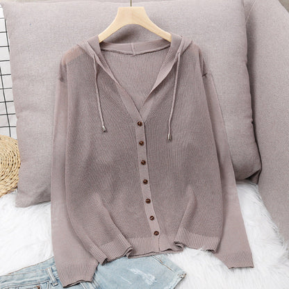 Women's cardigan with hood and elegant wooden buttons NOVAE
