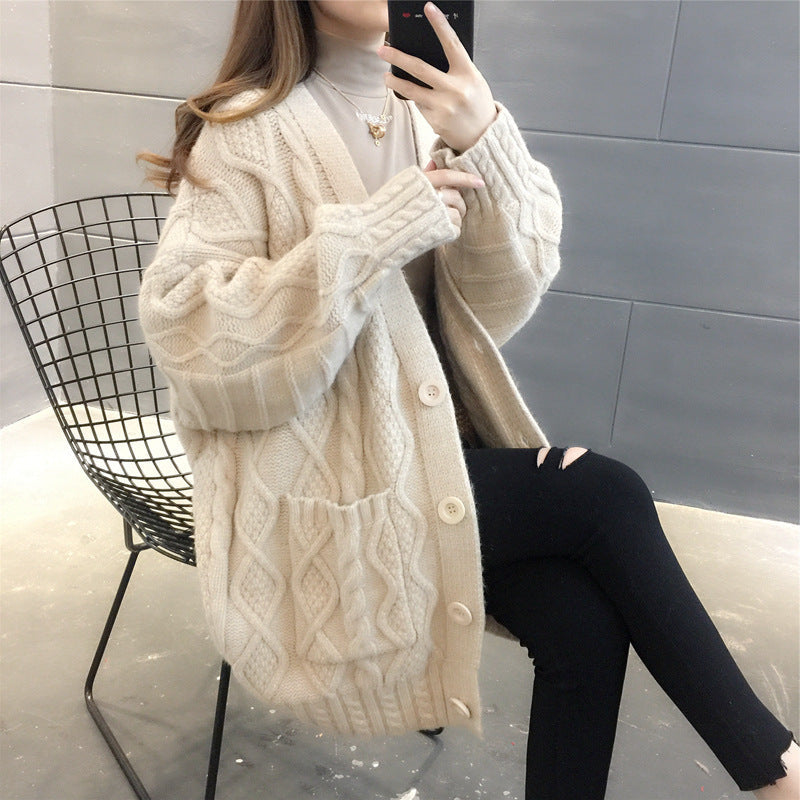 Women's Honeycomb Knit Oversized Cardigan with Pockets and Button Detail NOVAE