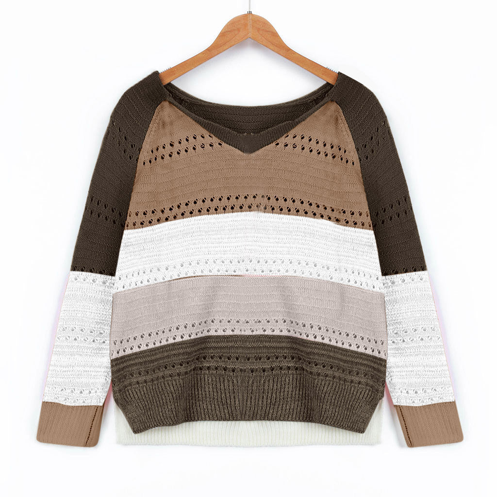 Women's knitted sweater with V-neck and delicate openwork patterns NOVAE